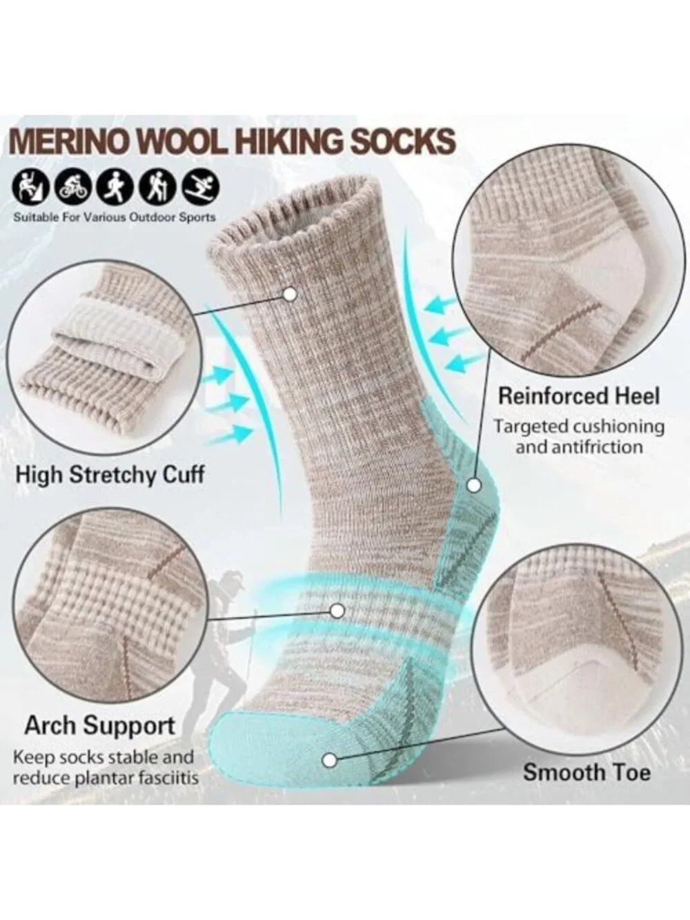 Cozy Merino Wool Hiking Socks - Thermal, Cushioned Sole, Moisture-Wicking, 5